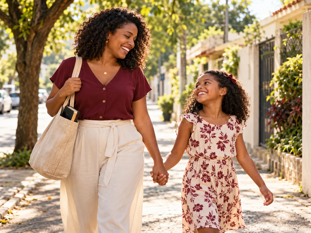 Mãe e filha caminhando juntas em uma manhã ensolarada